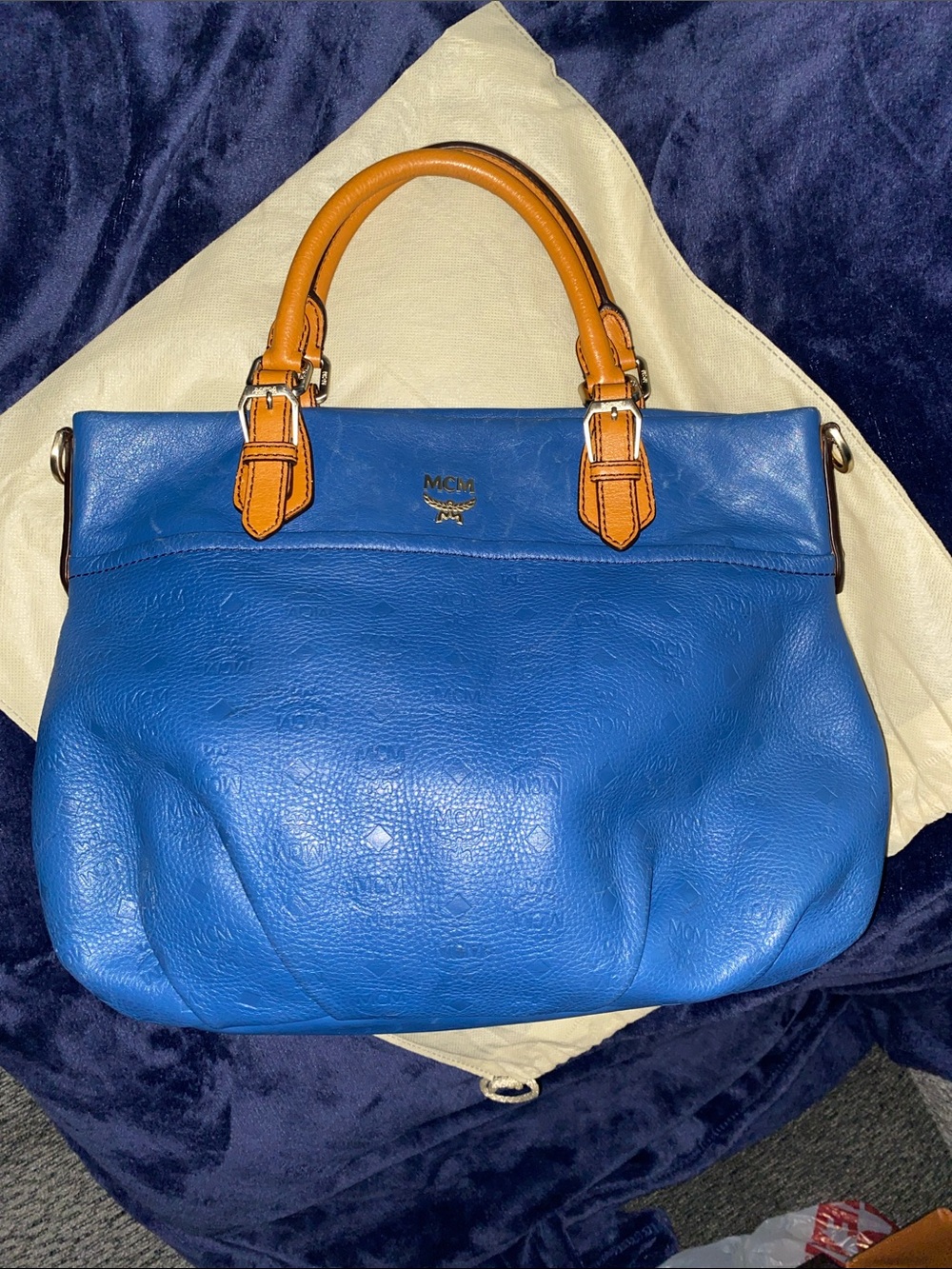 MCM Blue Leather Satchel with Tan Handles and Gold Hardware